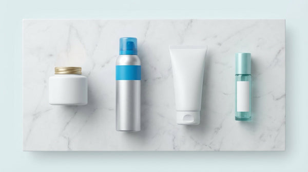 Flat lay comparing foot deodorant formats including powder, spray, and roll-on as the best foot deodorant for men