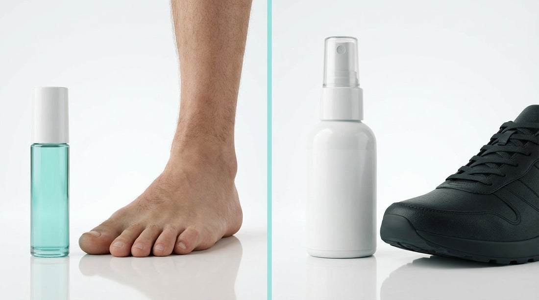 footology Roll-On foot deodorant and Shoe Spray side by side for the foot spray vs shoe spray comparison