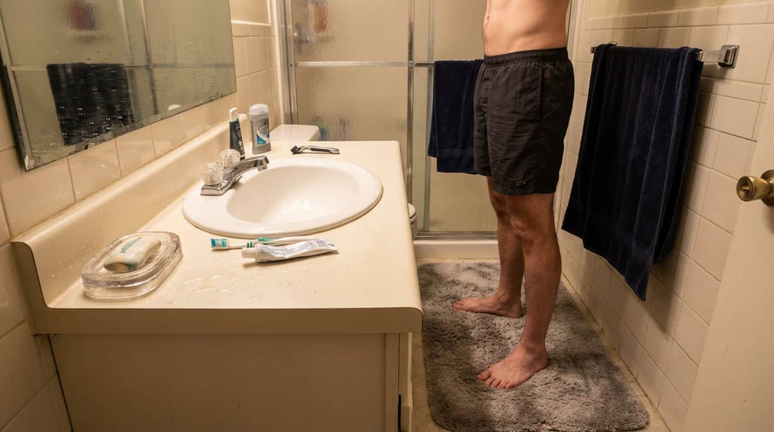 Bar of antibacterial soap on a clean bathroom counter for fixing smelly feet with antibacterial soap