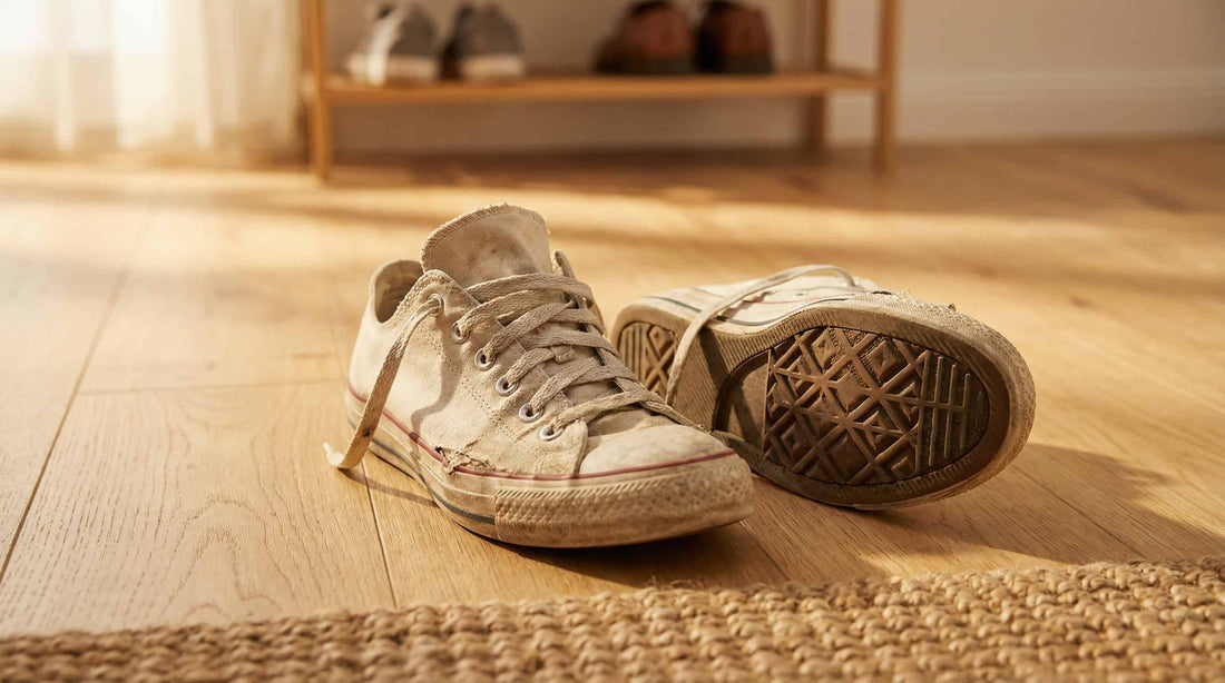 Pair of sneakers on an entryway floor showing how to get rid of shoe odor