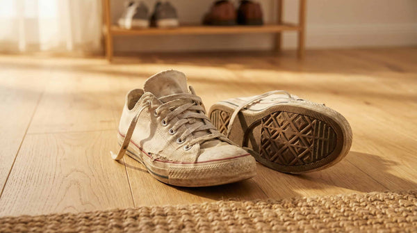 Pair of sneakers on an entryway floor showing how to get rid of shoe odor