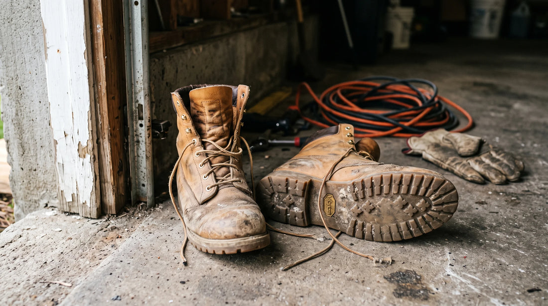 Worn tan leather work boots on a garage floor with the laces loosened, the setup that causes boot odor