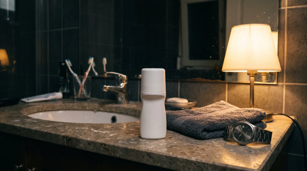 Clinical strength antiperspirant bottle on a bathroom counter at night