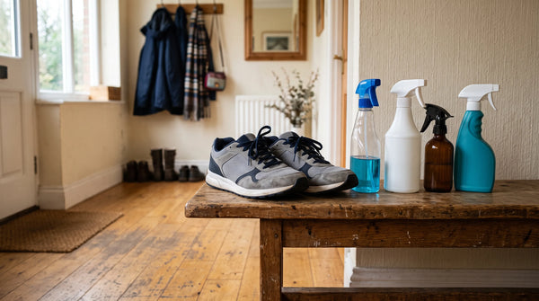 Sneaker odor sprays lined up next to a pair of worn running sneakers