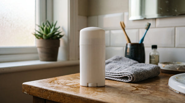 A plain whole body deodorant stick on a bathroom counter, the one-product-for-everywhere approach