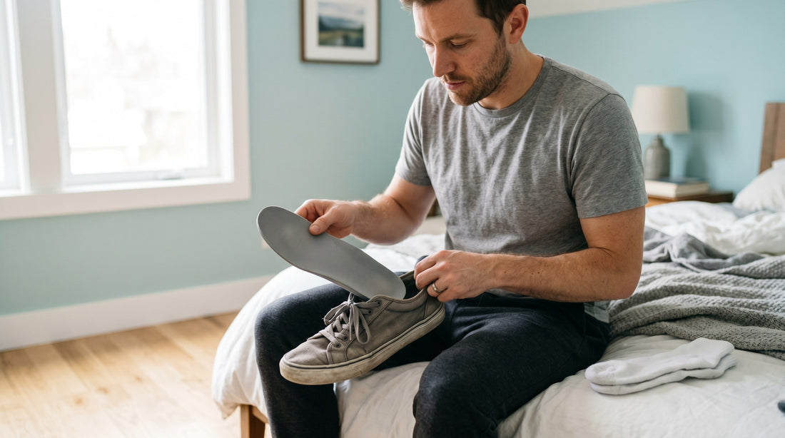 A man pulling a foam insole out of a worn sneaker on the edge of his bed, rethinking odor-absorbing insoles