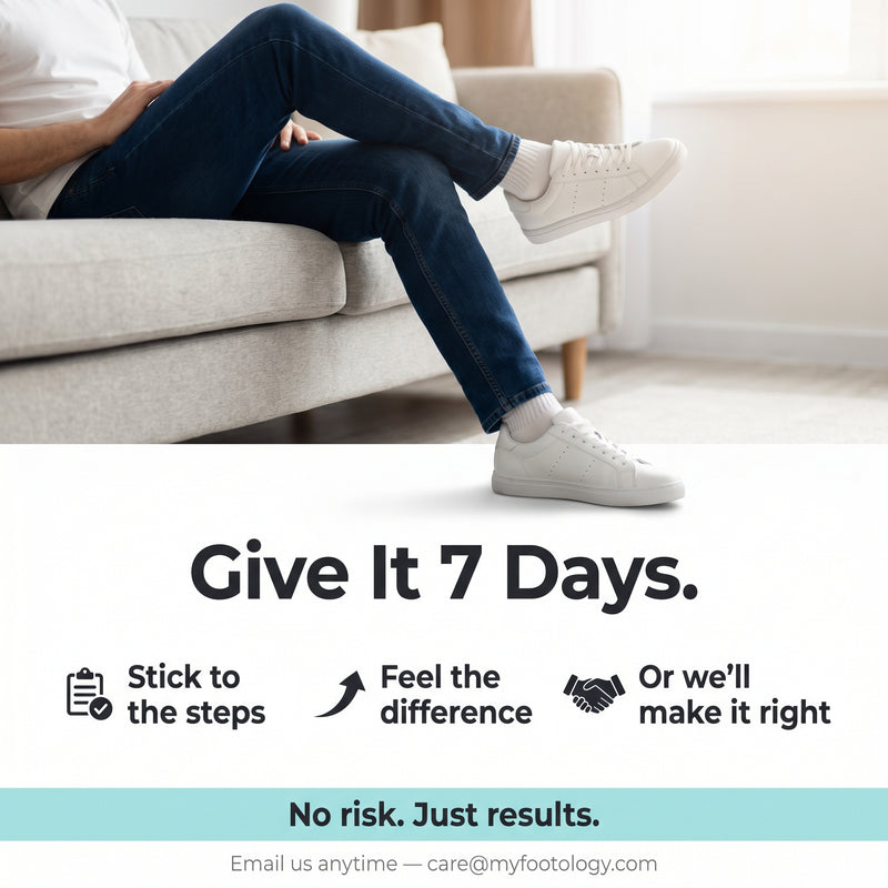 MyFootology Foot Reset Kit 7-day guarantee lifestyle shot showing confident feet after the routine