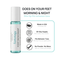 footology Roll-On foot deodorant trust badges including Made in USA Charlotte NC, 30-day supply, no powder no mess
