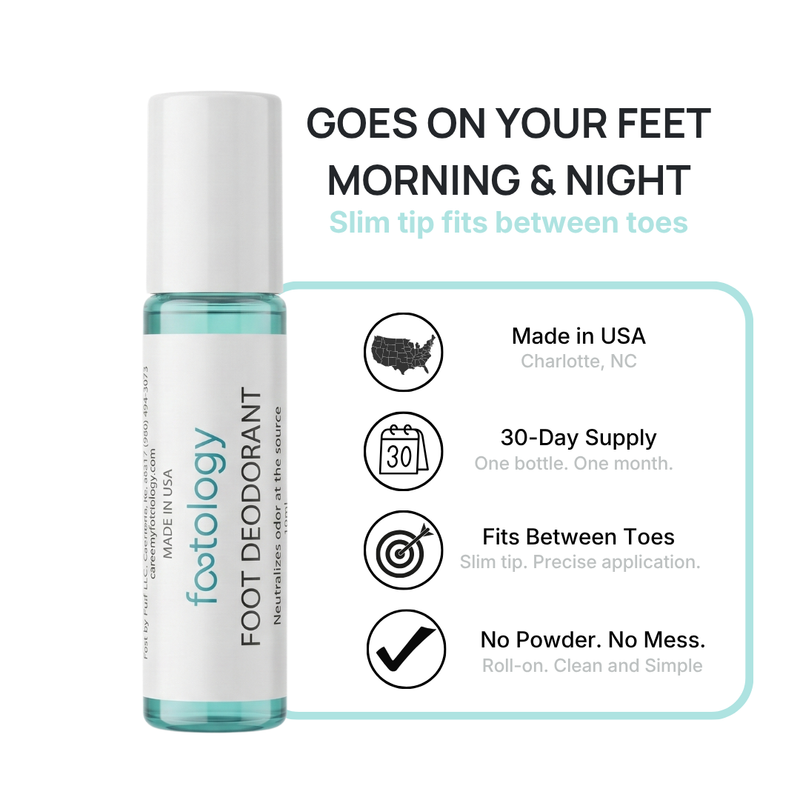 footology Roll-On foot deodorant trust badges including Made in USA Charlotte NC, 30-day supply, no powder no mess