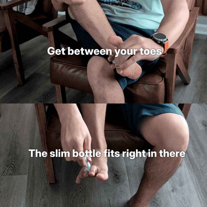 MyFootology roll-on foot deodorant slim bottle applying between toes