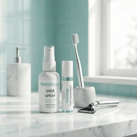 MyFootology Foot Reset Kit on a bathroom counter next to toothbrush and razor as part of daily grooming routine