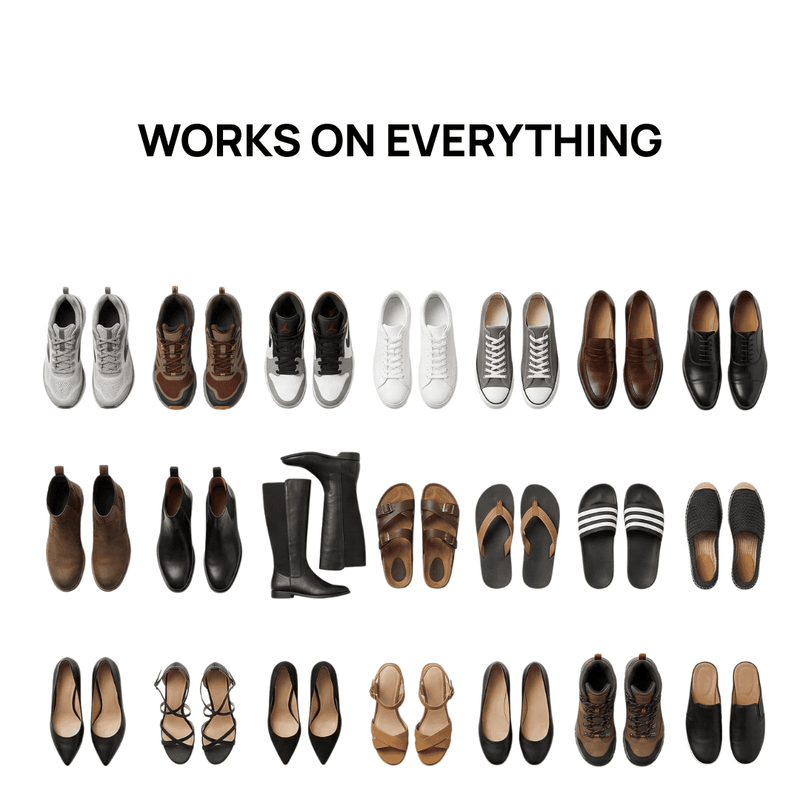 MyFootology shoe spray works on all shoe types - sneakers, dress shoes, boots, slides