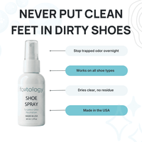 MyFootology shoe spray benefits - stops trapped odor overnight, works on all shoe types, dries clear