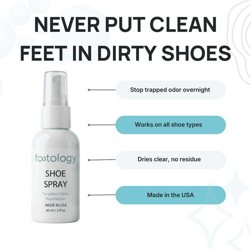 MyFootology shoe spray benefits - stops trapped odor overnight, works on all shoe types, dries clear