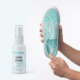 Footology Shoe Spray next to a shoe, showing where odor builds inside