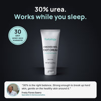 Cracked Heel Foot Cream: 30% urea, works while you sleep, 30-day money-back guarantee, with a quote from formulator Fredy Flores Saenz