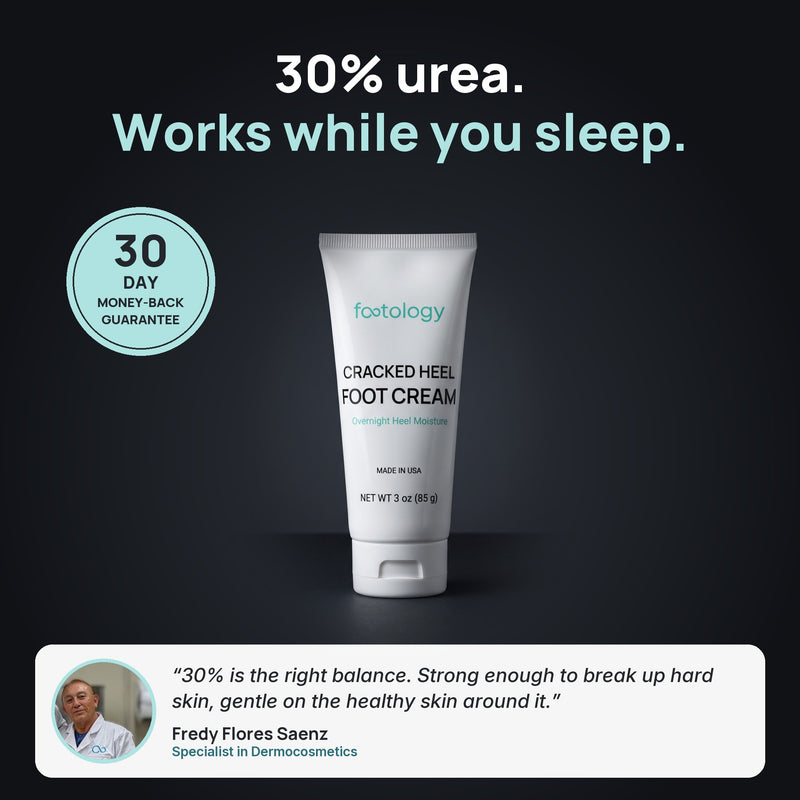 Cracked Heel Foot Cream: 30% urea, works while you sleep, 30-day money-back guarantee, with a quote from formulator Fredy Flores Saenz
