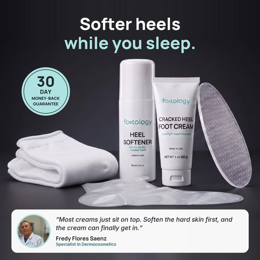 Footology Heel Reset Kit: softer heels while you sleep, 30-day money-back guarantee, with a quote from formulator Fredy Flores Saenz