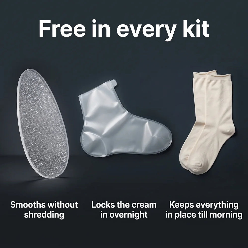 Free in every Heel Reset Kit: glass foot file, overnight foot wraps and cotton spa socks