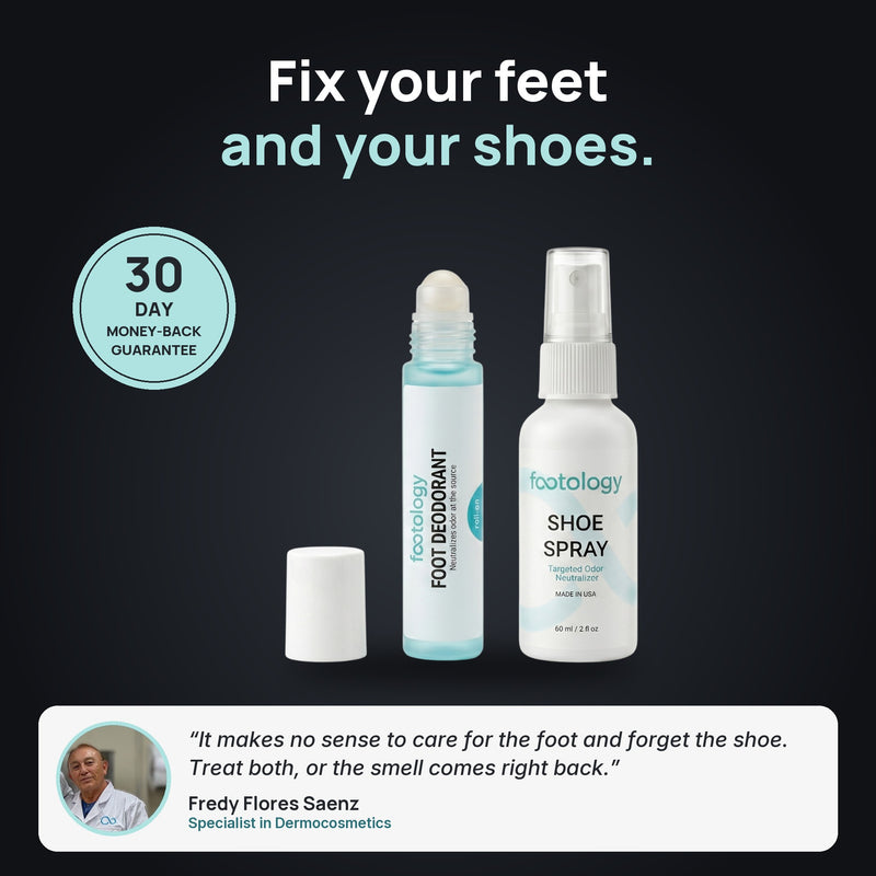 Foot Reset Kit: fix your feet and your shoes, 30-day money-back guarantee, with a quote from formulator Fredy Flores Saenz