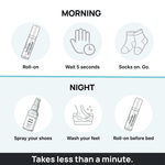 MyFootology daily foot care routine - morning roll-on and night shoe spray, takes less than a minute