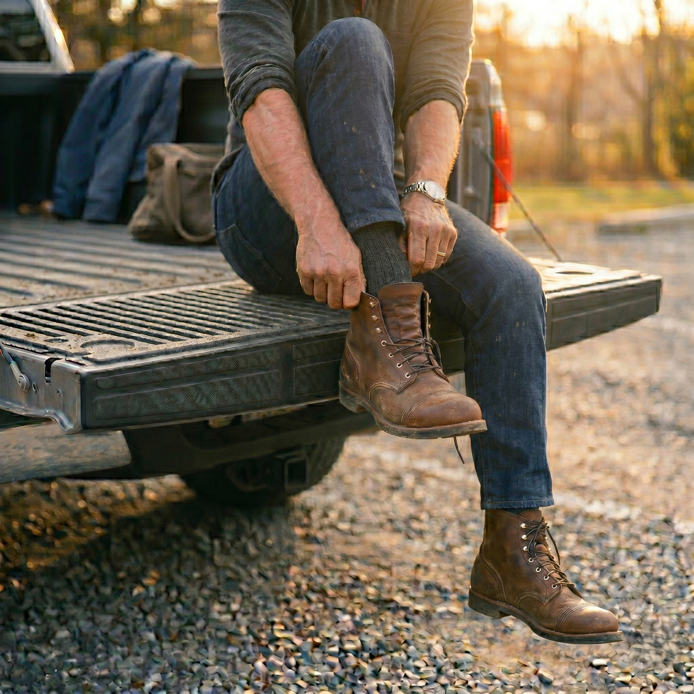 Working guy at the back of his pickup truck removing his work boots at the end of the day