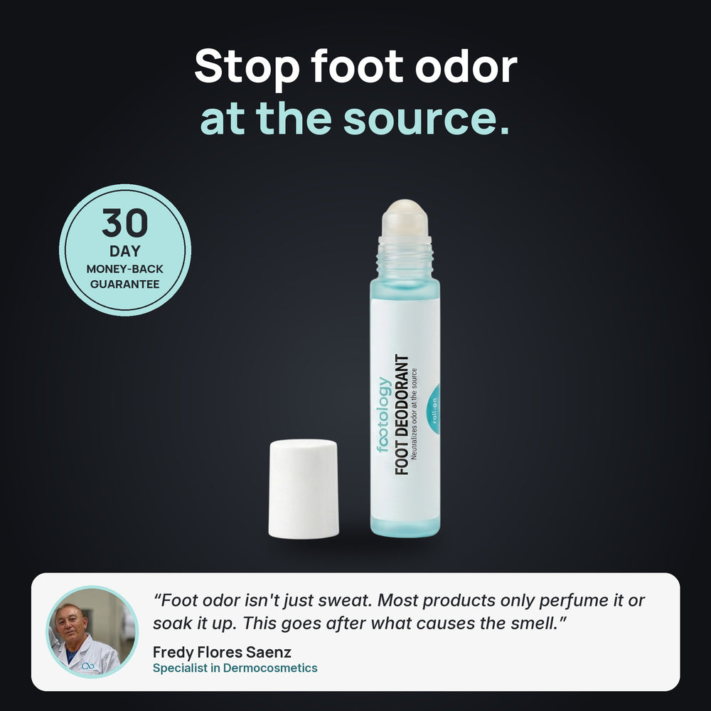 Foot Deodorant Roll-On: stop foot odor at the source, 30-day money-back guarantee, with a quote from formulator Fredy Flores Saenz