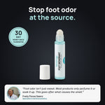 Foot Deodorant Roll-On: stop foot odor at the source, 30-day money-back guarantee, with a quote from formulator Fredy Flores Saenz