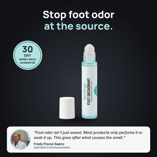 Foot Deodorant Roll-On: stop foot odor at the source, 30-day money-back guarantee, with a quote from formulator Fredy Flores Saenz