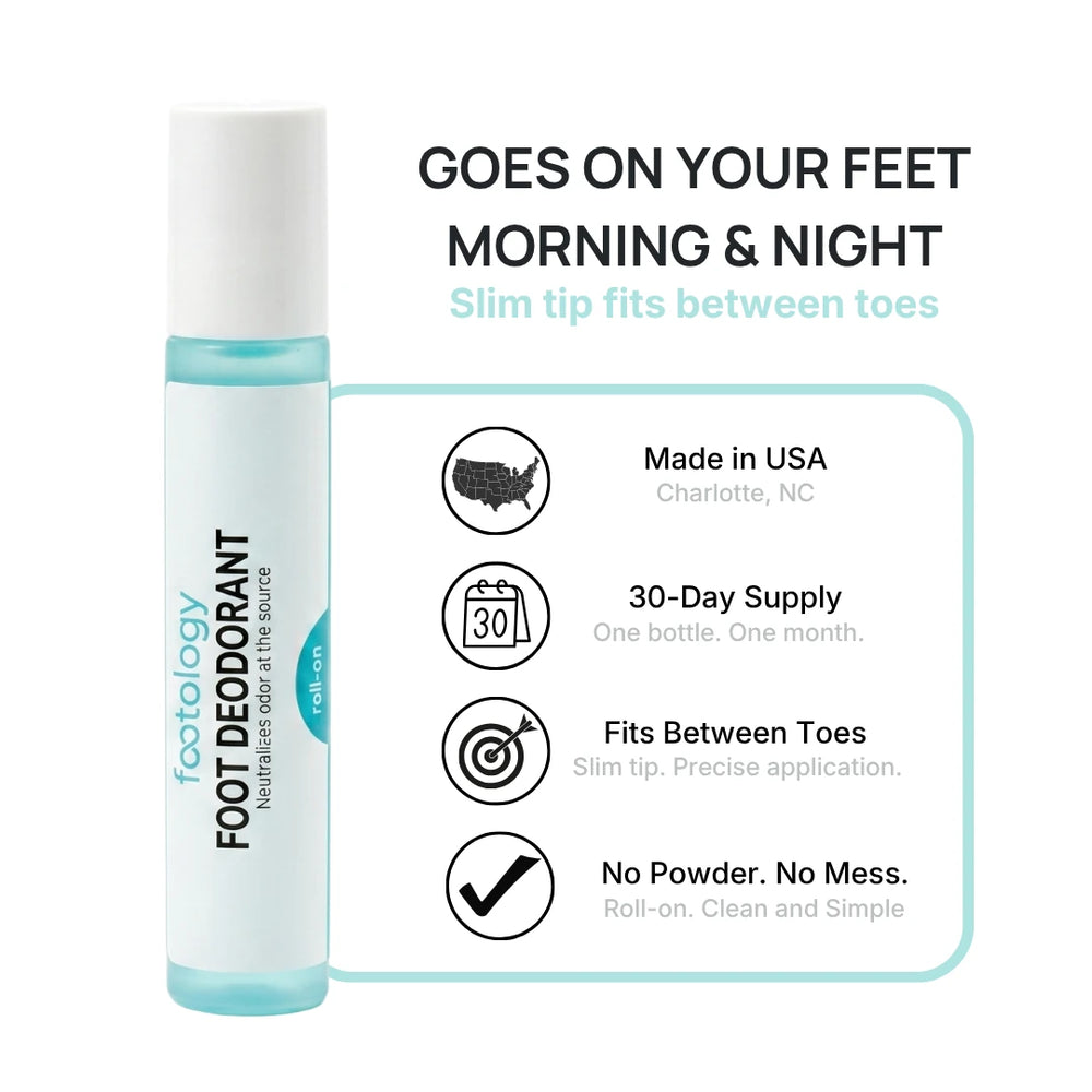 footology Foot Deodorant Roll-On goes on your feet morning and night. Made in USA in Charlotte NC, 30-day supply, no powder no mess
