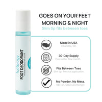 footology Foot Deodorant Roll-On goes on your feet morning and night. Made in USA in Charlotte NC, 30-day supply, no powder no mess