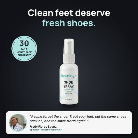 Shoe Spray: clean feet deserve fresh shoes, 30-day money-back guarantee, with a quote from formulator Fredy Flores Saenz
