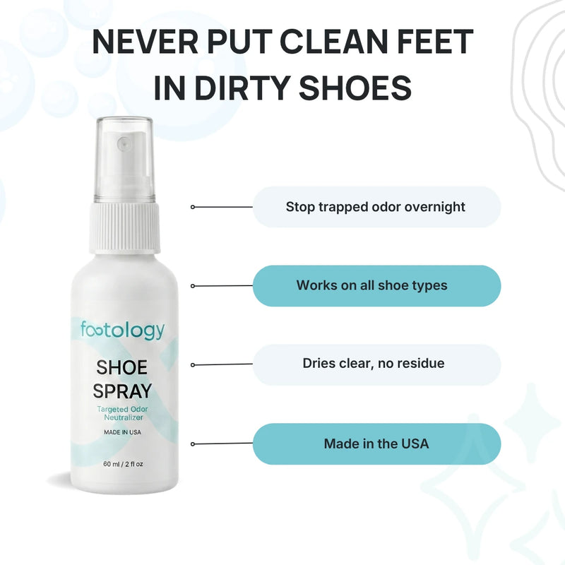 Never put clean feet in dirty shoes. footology Shoe Spray stops trapped odor overnight, works on all shoe types, dries clear, Made in the USA