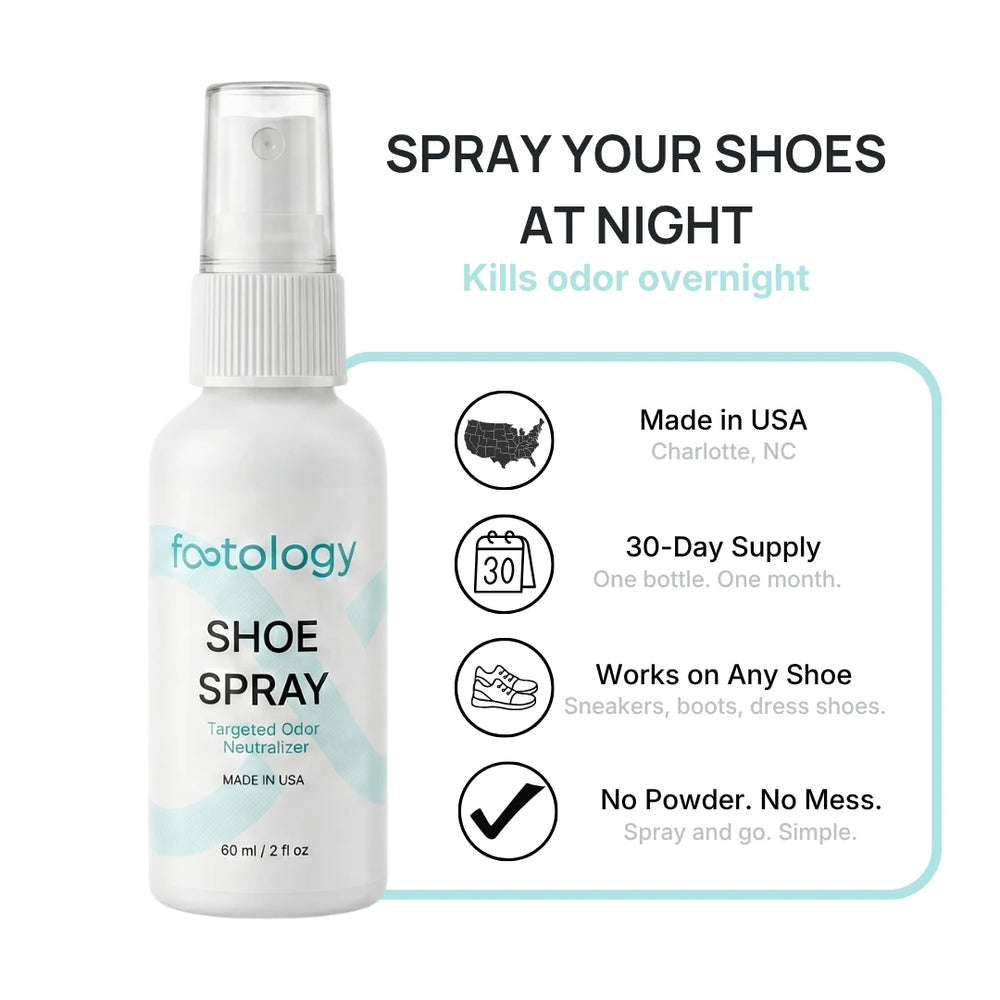 Spray your shoes at night to kill odor overnight. Made in USA, 30-day supply, works on any shoe, no powder no mess