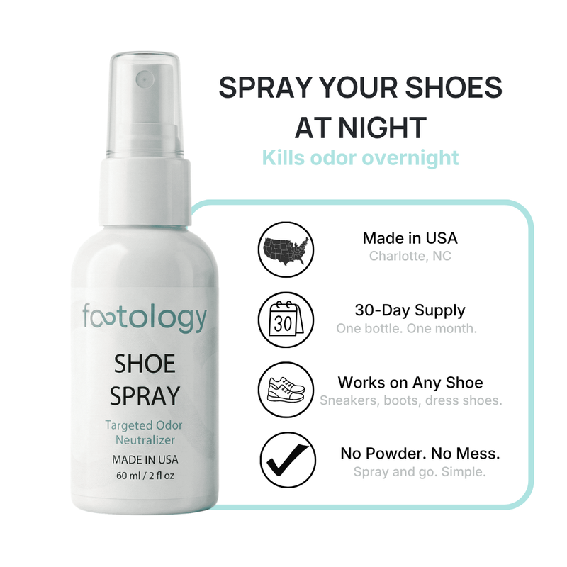 footology Shoe Spray trust badges including Made in USA Charlotte NC, targeted odor neutralizer, no residue