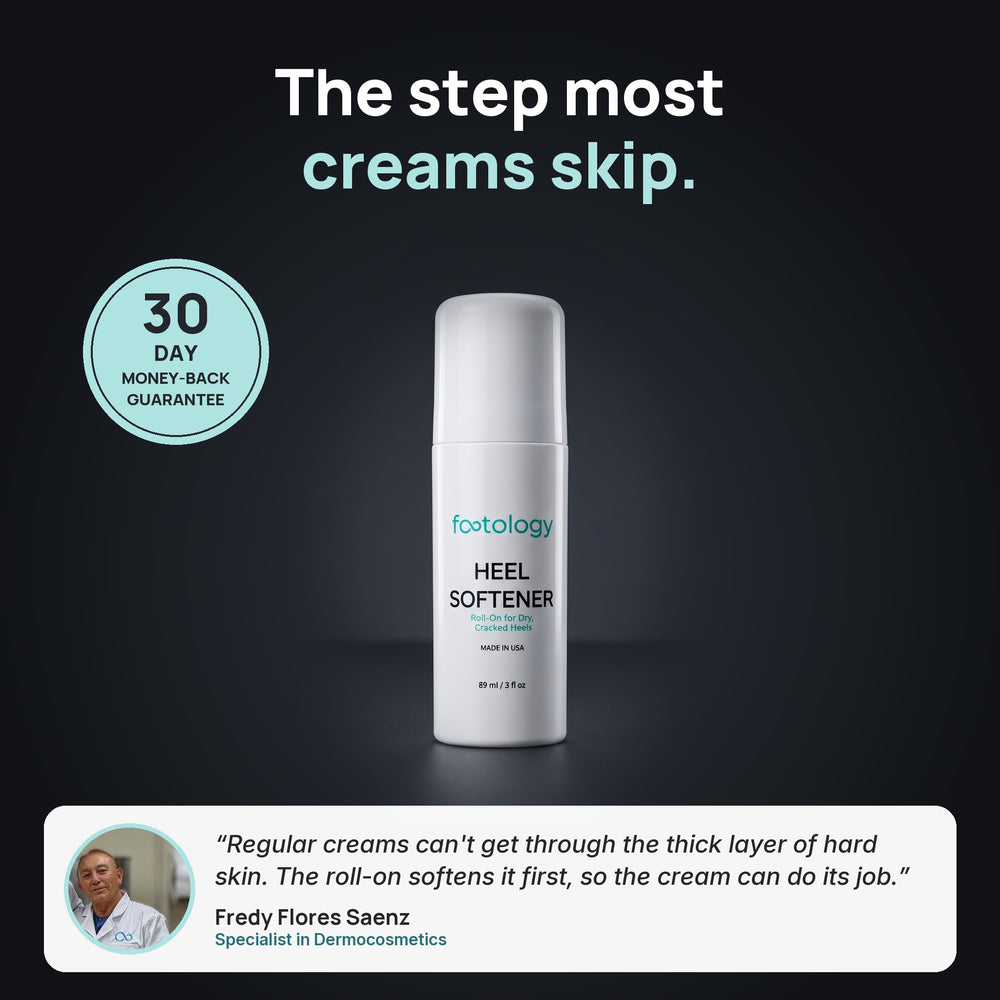 Heel Softener roll-on: the step most creams skip, 30-day money-back guarantee, with a quote from formulator Fredy Flores Saenz