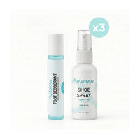 Footology Foot Reset Kit 3-pack. Three months supply of roll-on foot deodorant and shoe spray