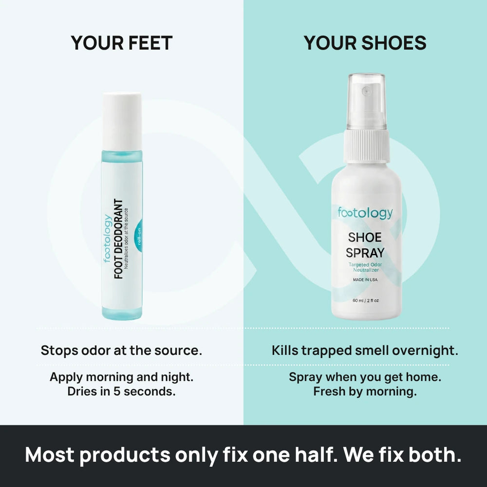 Your feet, your shoes, we fix both. Roll-on stops odor at the source, shoe spray kills trapped smell overnight
