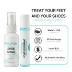Treat your feet and your shoes. Simple 2-step system. Made in USA Charlotte NC, 30-day supply, under 20 dollars, no powder no mess