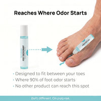 Footology Roll-On reaches between the toes where 90% of foot odor starts. Slim bottle designed to fit between toes