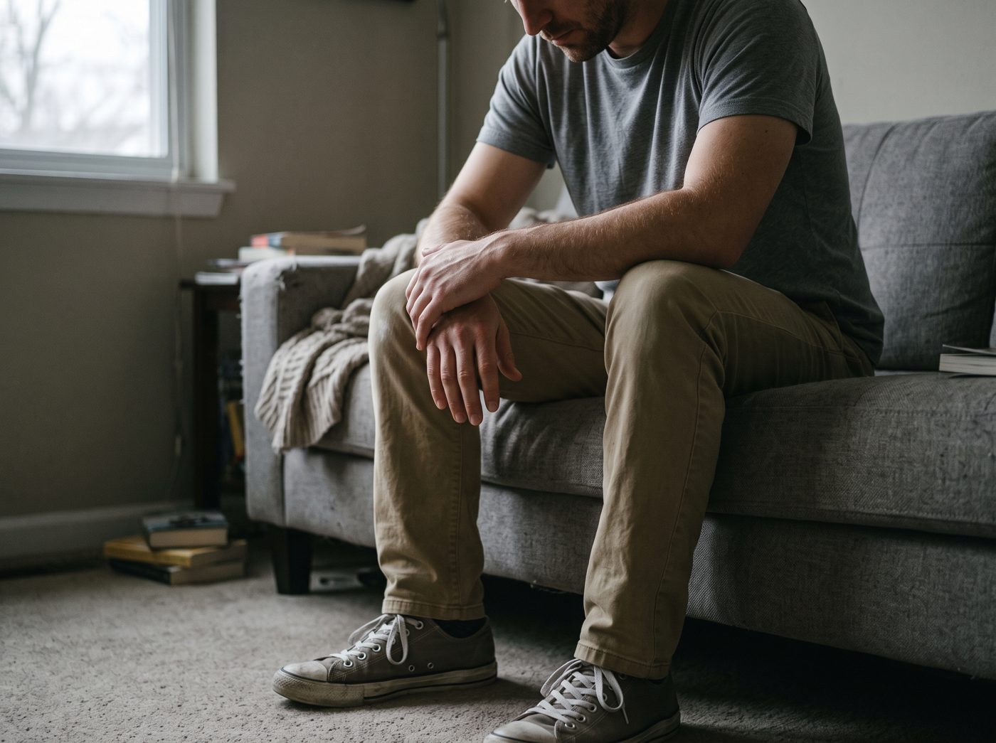 A man sitting on the edge of his couch, looking down at his shoes