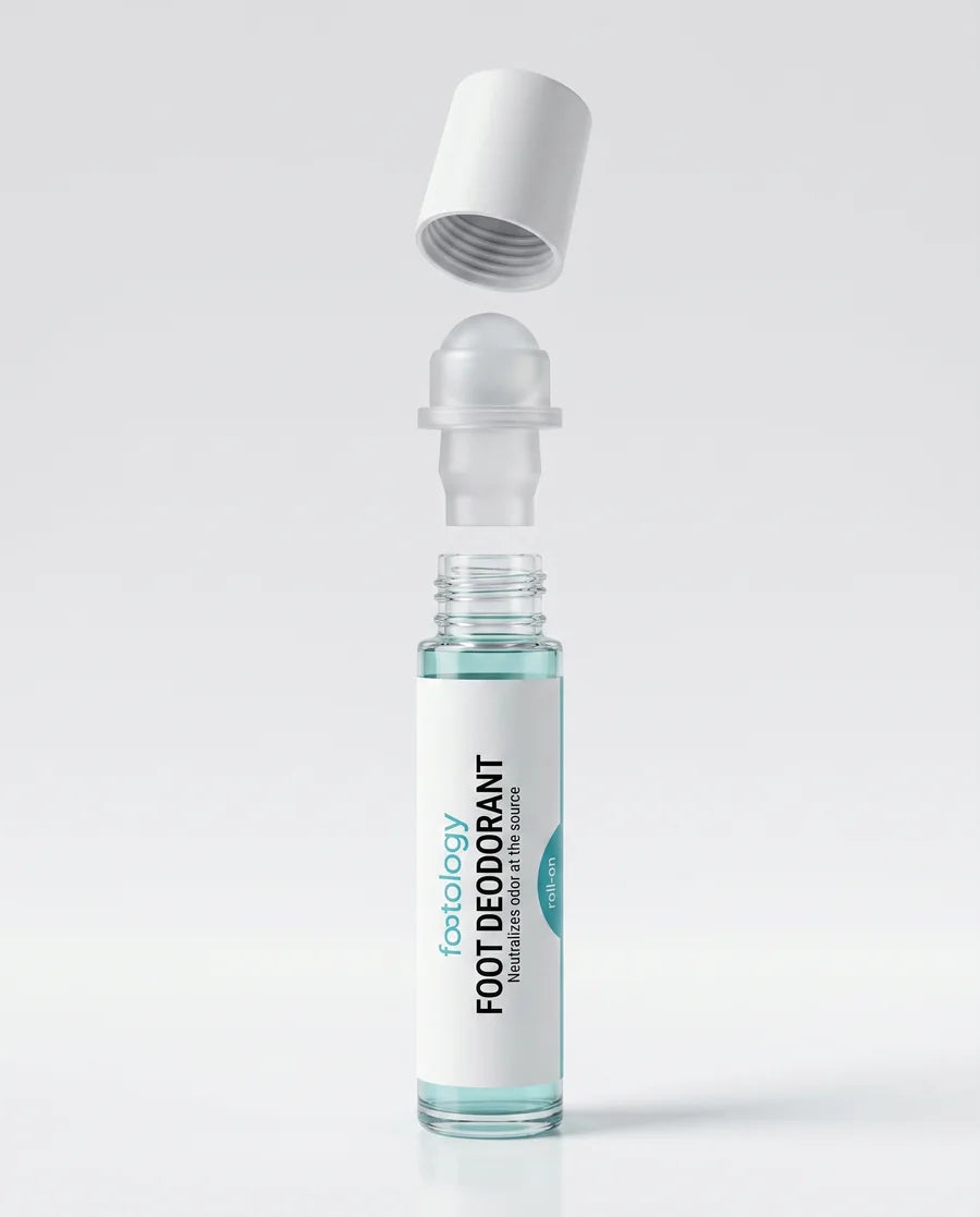 MyFootology foot deodorant roll-on exploded view: cap, roller and bottle