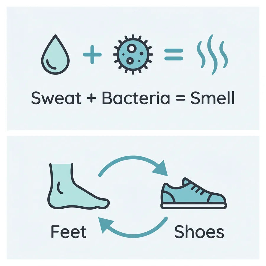 The loop: your feet pass the smell to your shoes, and your shoes pass it back. You have to break both sides.