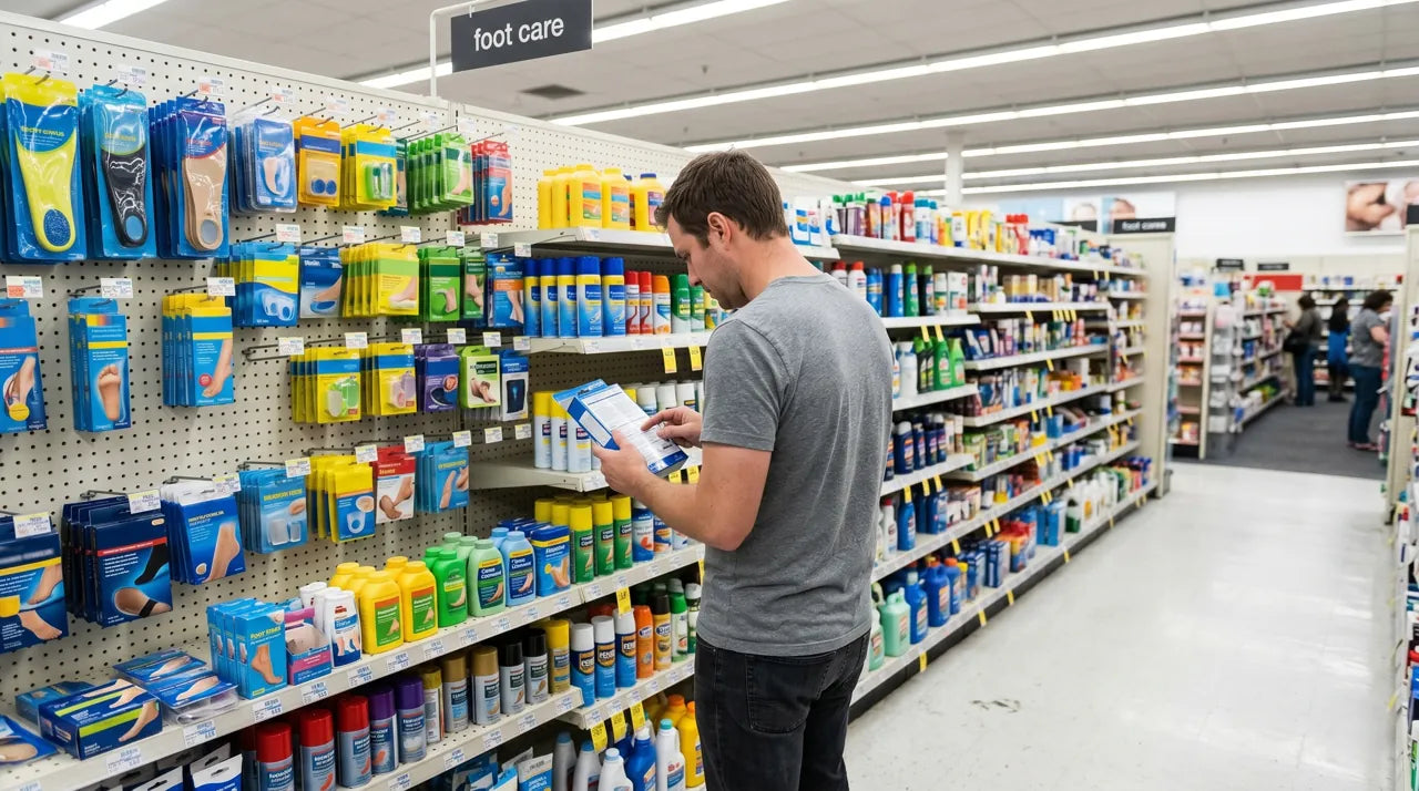 Paul in the drugstore foot aisle, holding the products he tried