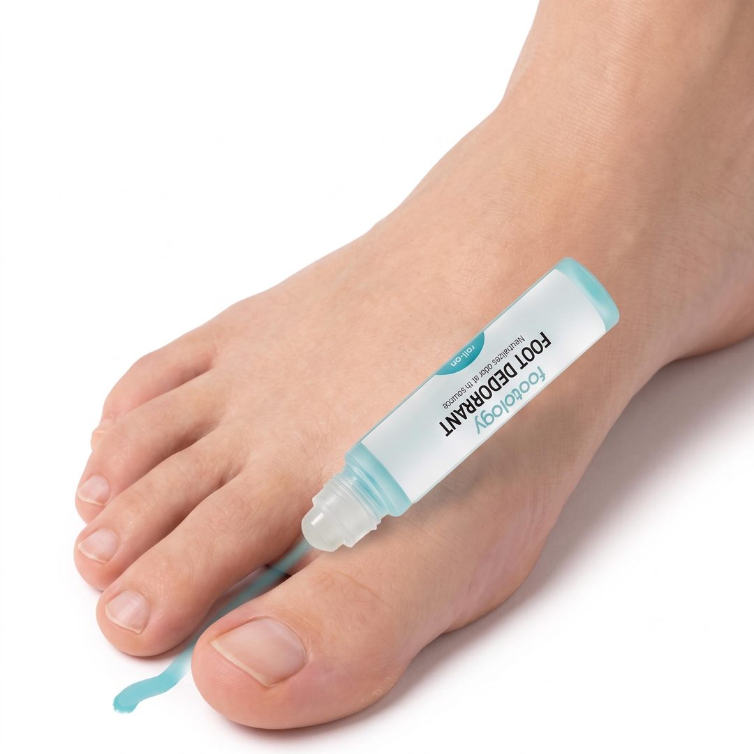 Footology foot deodorant rolling on between the toes