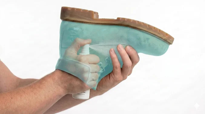 A weathered tan leather work boot held upside down with the shoe spray applied inside, aqua spray visible coating the inner toe box